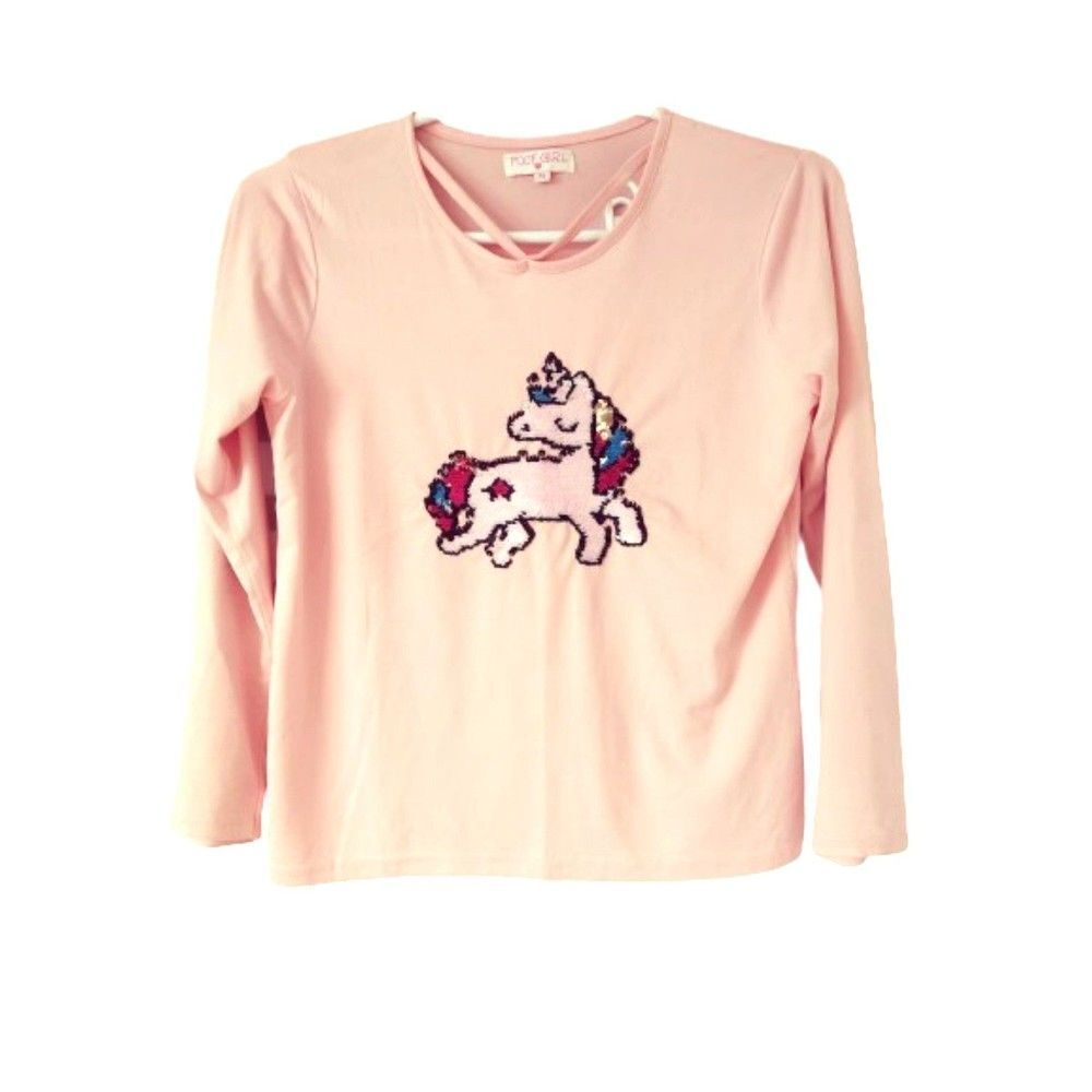 Poof girl light pink unicorn girls Top long sleeve blouse M